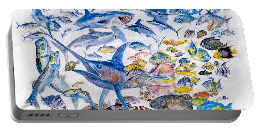 Gamefish Portable Battery Charger featuring the painting Russ Smiley gamefish collage by Carey Chen