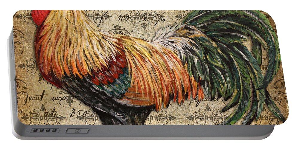 Acrylic Painting Portable Battery Charger featuring the painting Rustic Rooster-JP2121 by Jean Plout