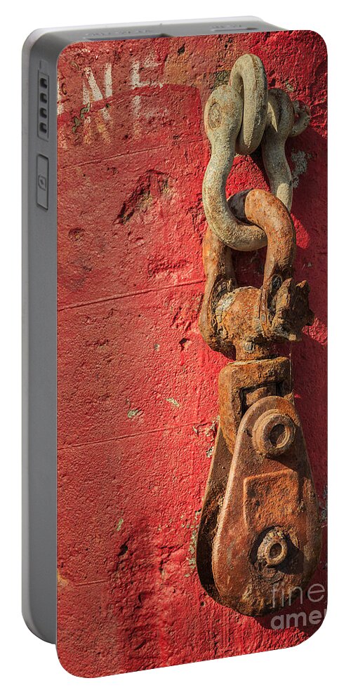 Rusty Chain Portable Battery Charger featuring the photograph Rusty Chain On A Concrete Post by James Eddy