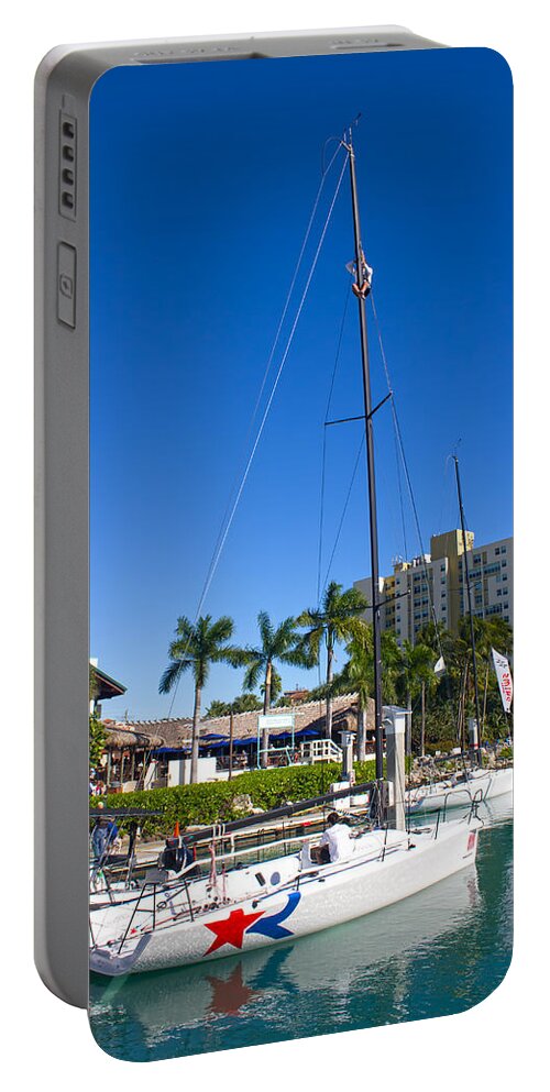 Sailboat Portable Battery Charger featuring the photograph Miami Beach Marina Sailboat with Red Star by Carlos Diaz