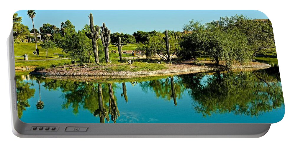 Saguaro Portable Battery Charger featuring the photograph Saguaro Reflections by Barbara Zahno