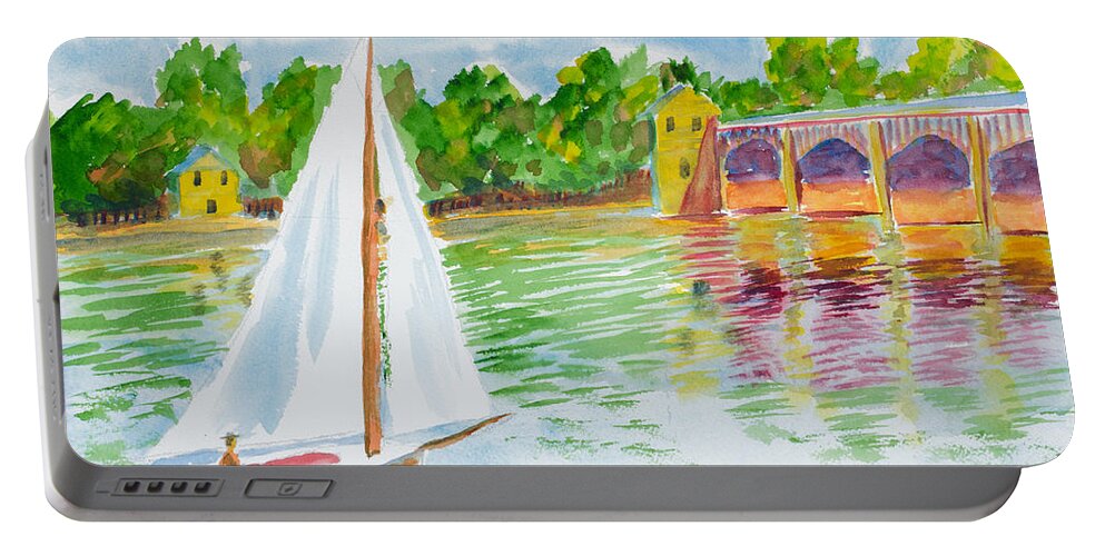 Nature Portable Battery Charger featuring the painting Sailing by the Bridge by Walt Brodis