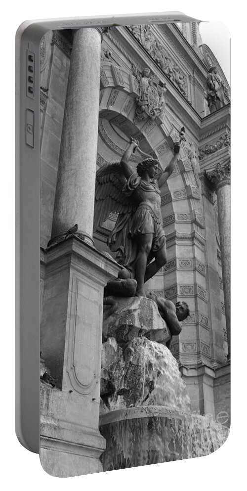Paris Portable Battery Charger featuring the photograph Saint Michael Statue - Black and White by Carol Groenen