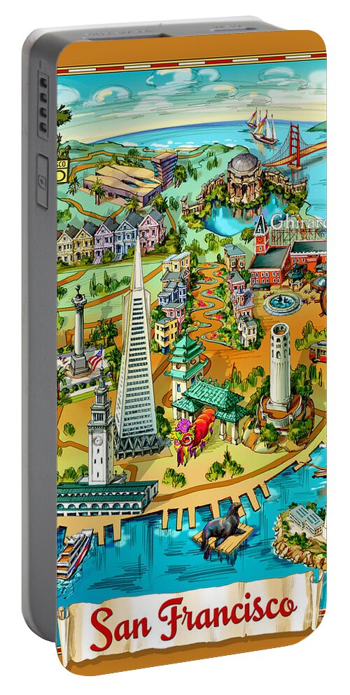 San Francisco Portable Battery Charger featuring the painting San Francisco Illustrated Map by Maria Rabinky