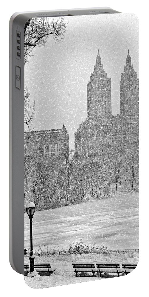 Central Park Portable Battery Charger featuring the photograph San Remo Towers Snow by Susan Candelario