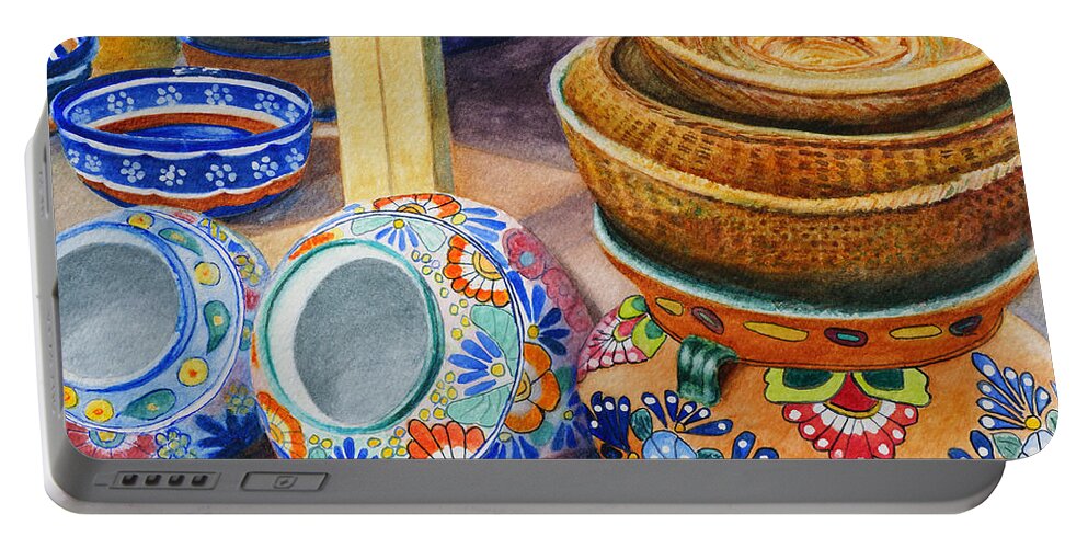 Pots Portable Battery Charger featuring the painting Southwestern Pots and Baskets by Karen Fleschler