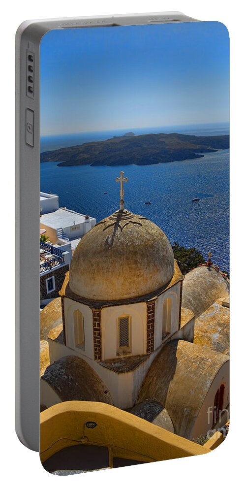 Santorini Portable Battery Charger featuring the photograph Santorini Caldera with Church and Thira Village by David Smith