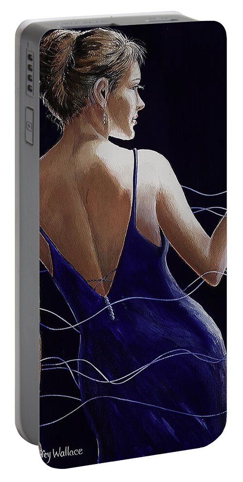 Painting Portable Battery Charger featuring the painting Sapphire Pearls and a Smile by Carolyn Coffey Wallace