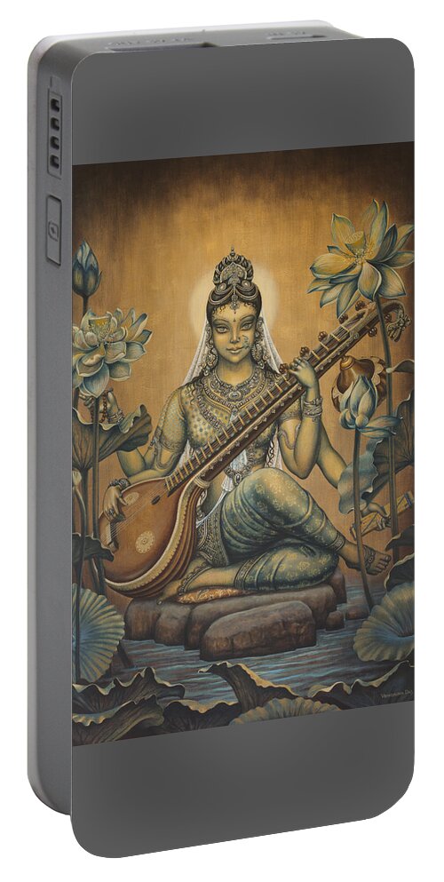 Sarasvati Portable Battery Charger featuring the painting Sarasvati Shakti by Vrindavan Das