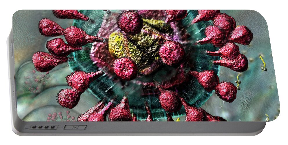 Airborne Portable Battery Charger featuring the digital art SARS Coronavirus by Russell Kightley