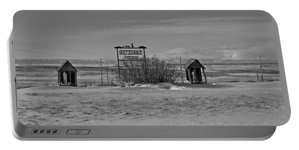 Black And White Portable Battery Charger featuring the photograph Savageton Cemetery Wyoming by Cathy Anderson