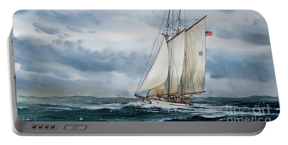 Tall Ship Print Portable Battery Charger featuring the painting Schooner Adventuress by James Williamson
