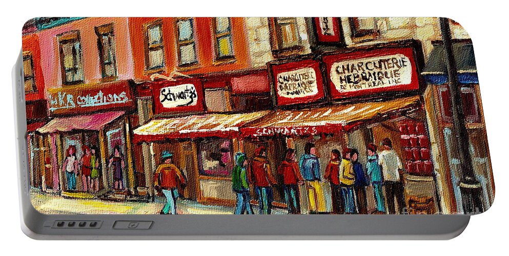 Schwartz The Musical Montreal Portable Battery Charger featuring the painting Schwartz The Musical Painting By Carole Spandau Montreal Streetscene Artist by Carole Spandau