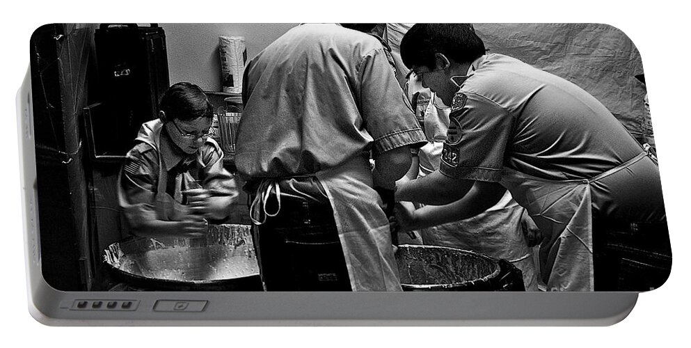 Breakfast Pancake Scouts Boyscouts Cubsouts Blackandwhite Batter Mix Whip Stir Kitchen Coffee Boys Friends Work Fundraise Horizontal America Midwest Illinois Teamwork Pentax Frank J Casella Portable Battery Charger featuring the photograph Scouts Pancake Breakfast by Frank J Casella