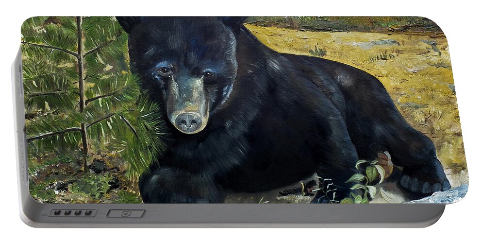 Black Bear Portable Battery Charger featuring the painting Scruffy - Black Bear - unsigned by Jan Dappen