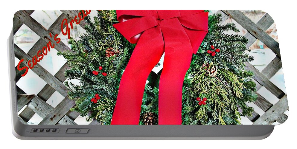 Wreath Portable Battery Charger featuring the photograph Season's Greeting Holiday Card by Judy Palkimas