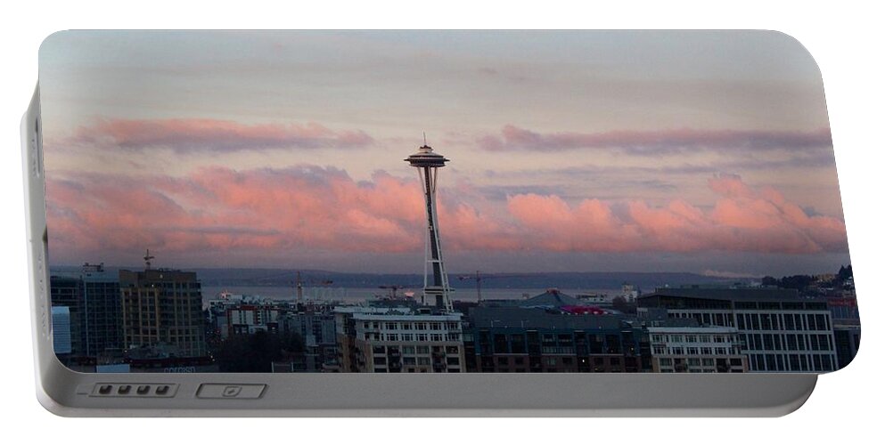 Seattle Portable Battery Charger featuring the photograph Seattle In Pink by Suzanne Lorenz