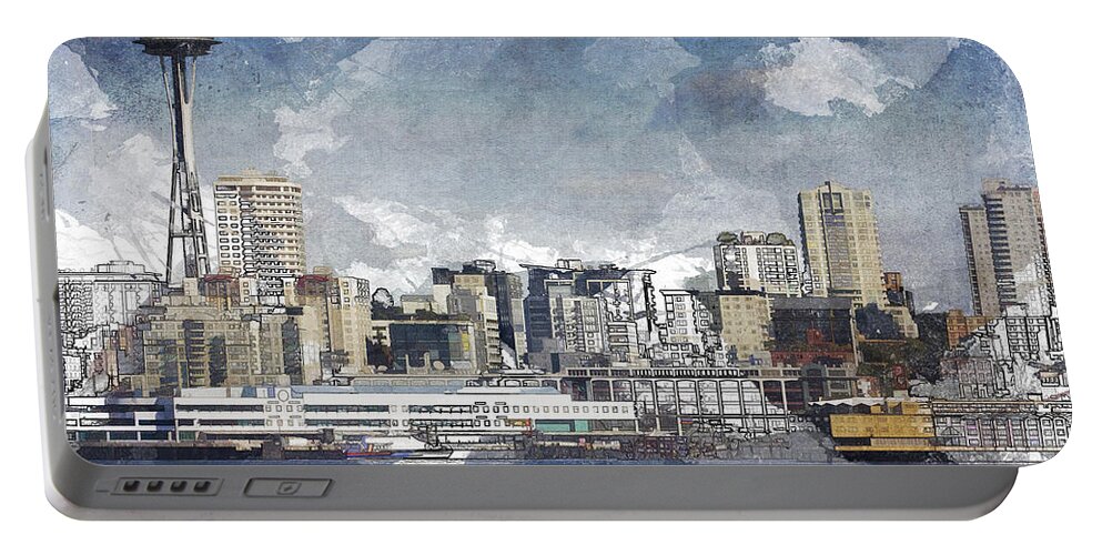 Seattle Skyline Portable Battery Charger featuring the painting Seattle Skyline Freeform by David Wagner