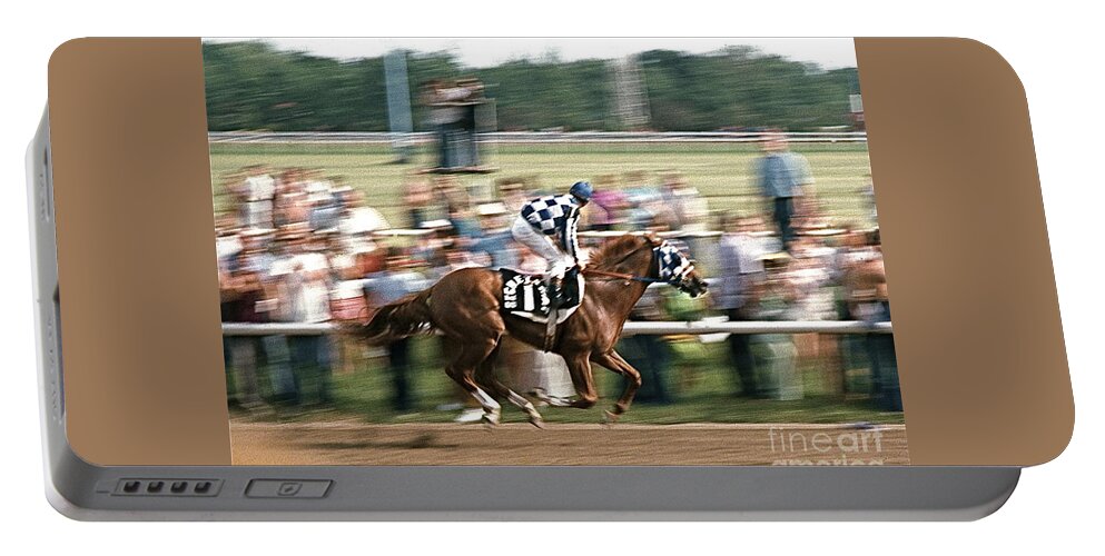 Secretariat Race Horse Winning At Arlington In 1973. Portable Battery Charger featuring the photograph Secretariat Race Horse Winning at Arlington in 1973. by Robert Birkenes