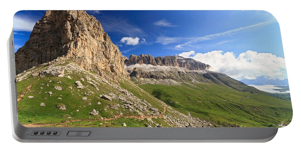 Alpine Portable Battery Charger featuring the photograph Sella mountain and Pordoi pass by Antonio Scarpi