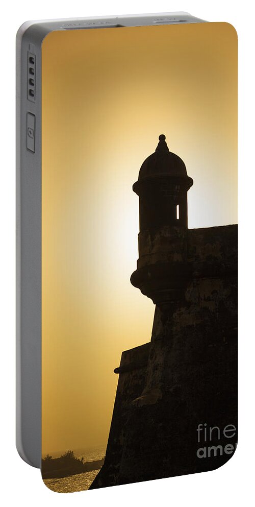 Agefotostock Portable Battery Charger featuring the photograph Sentry Box at Sunset at El Morro Fortress in Old San Juan by Bryan Mullennix