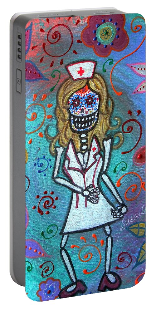 Sexy Portable Battery Charger featuring the painting Sexy Blond Nurse Day Of The Dead by Pristine Cartera Turkus