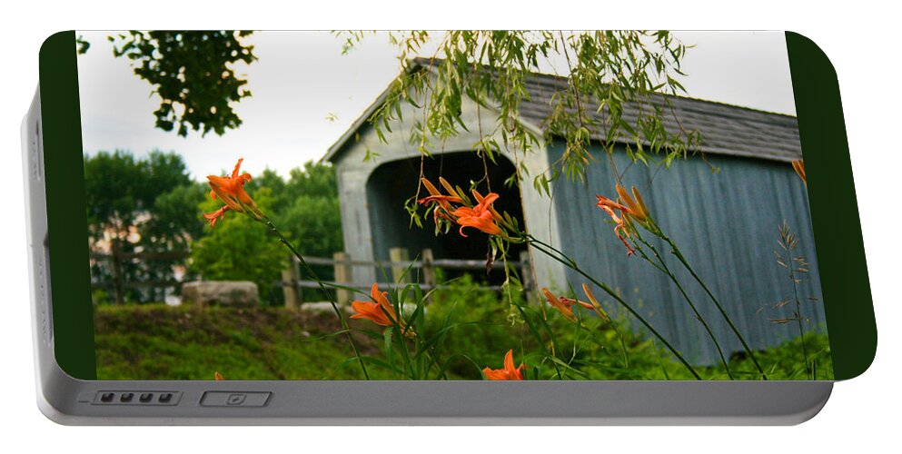 Berkshire Scenery Portable Battery Charger featuring the photograph Sheffield Covered Bridge Behind the Daylilies by Kristin Hatt