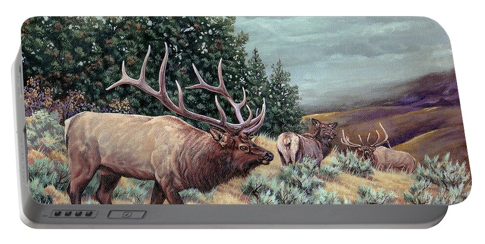 Elk Portable Battery Charger featuring the painting Showdown by Craig Burgwardt