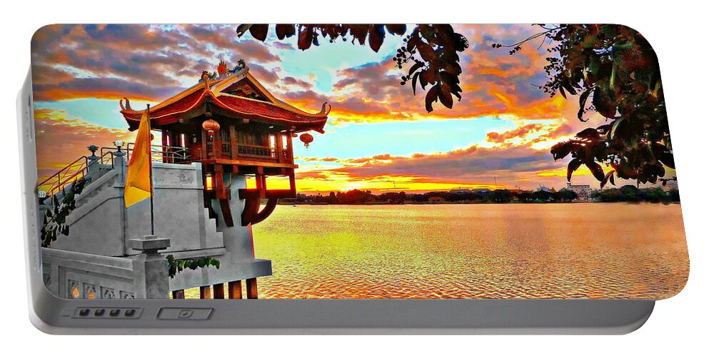 Landscape Portable Battery Charger featuring the photograph Shrine On The Lake. by Ian Gledhill