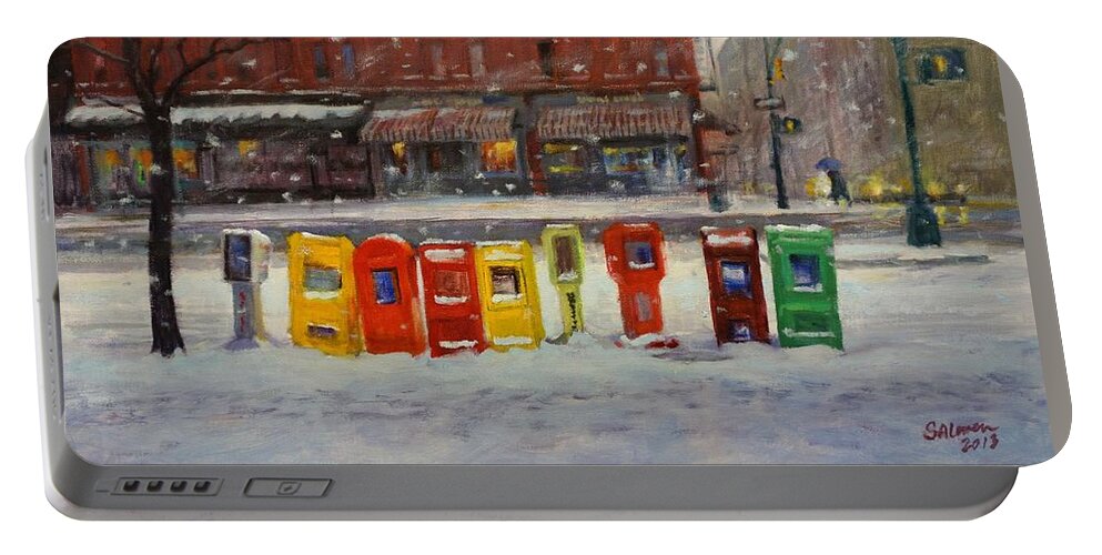 Landscape Portable Battery Charger featuring the painting Sidewalk Sentinels in Early Snow by Peter Salwen