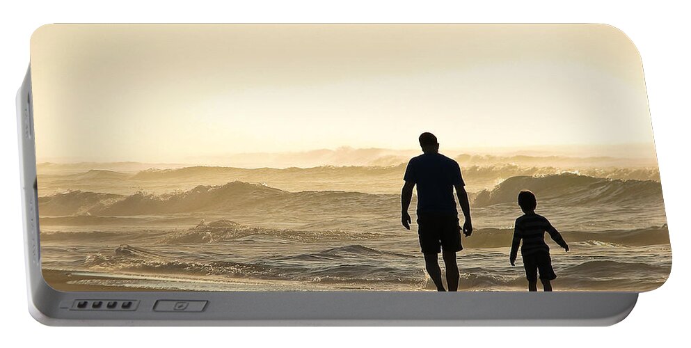 Ocean-walk Portable Battery Charger featuring the photograph Silhouetted Father and Son Walk Beach by Jo Ann Tomaselli