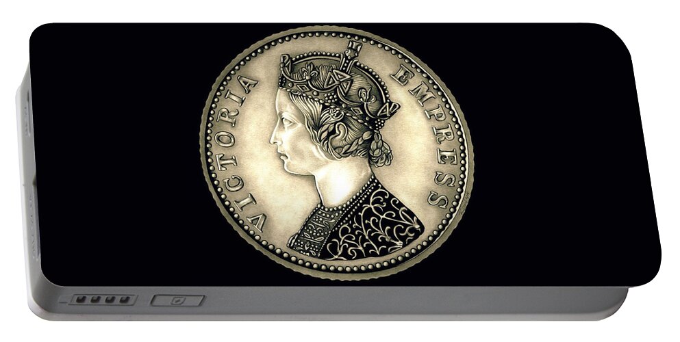 Currency Portable Battery Charger featuring the drawing Silver Empress Victoria Black by Fred Larucci