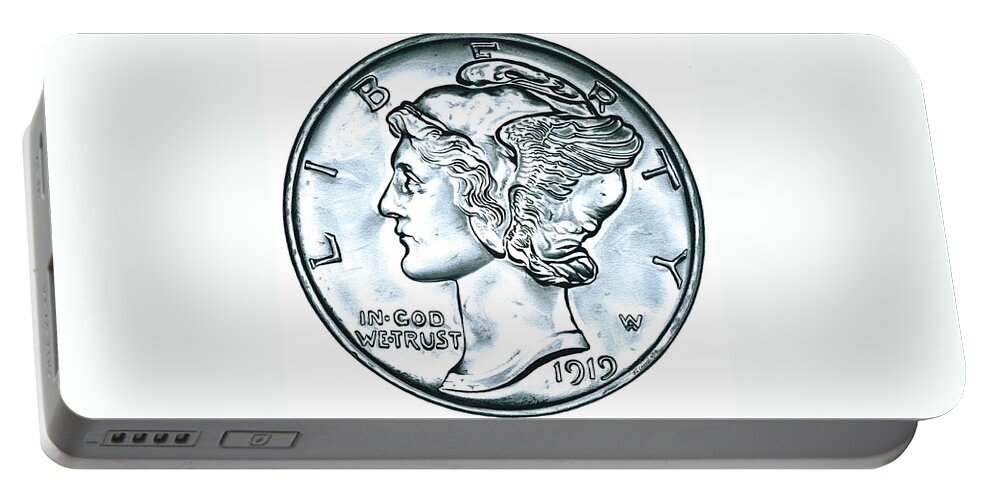 Coin Portable Battery Charger featuring the drawing Silver Mercury Dime by Fred Larucci