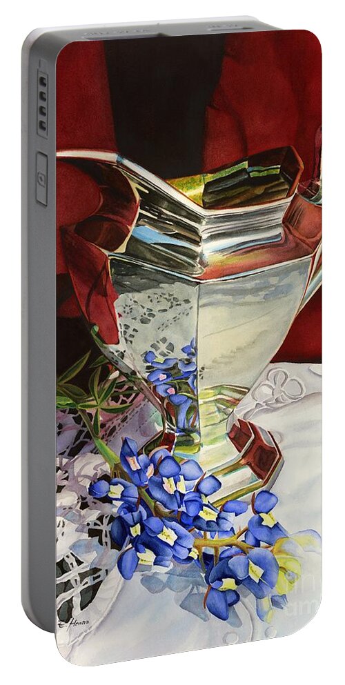 Silver Pitcher Portable Battery Charger featuring the painting Silver Pitcher and Bluebonnet by Hailey E Herrera