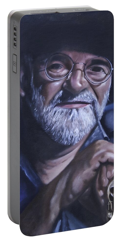Sir Terry Pratchett Portable Battery Charger featuring the painting Sir Terry Pratchett by James Lavott