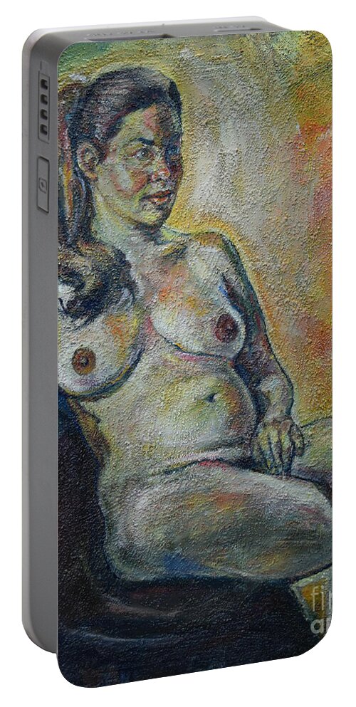Raija Merila Portable Battery Charger featuring the painting Sitting Nude by Raija Merila