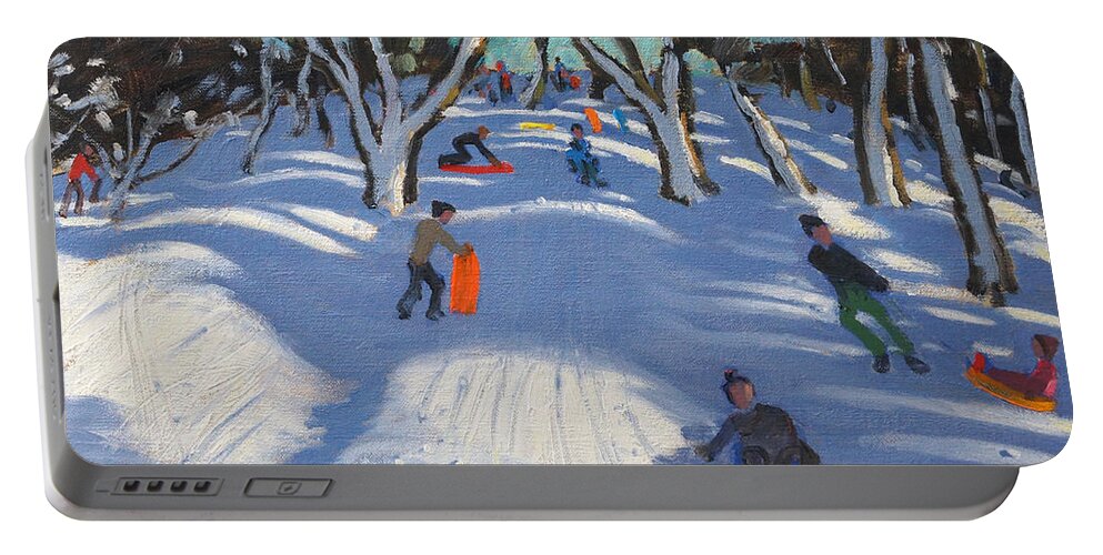 Winter Portable Battery Charger featuring the painting Sledging at Ladmanlow by Andrew Macara