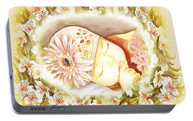 Sleeping Baby Portable Battery Charger featuring the painting Sleeping Baby Vintage Dreams by Irina Sztukowski