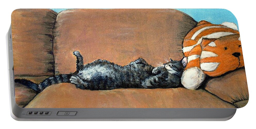 Calm Portable Battery Charger featuring the painting Sleeping Cat by Anastasiya Malakhova