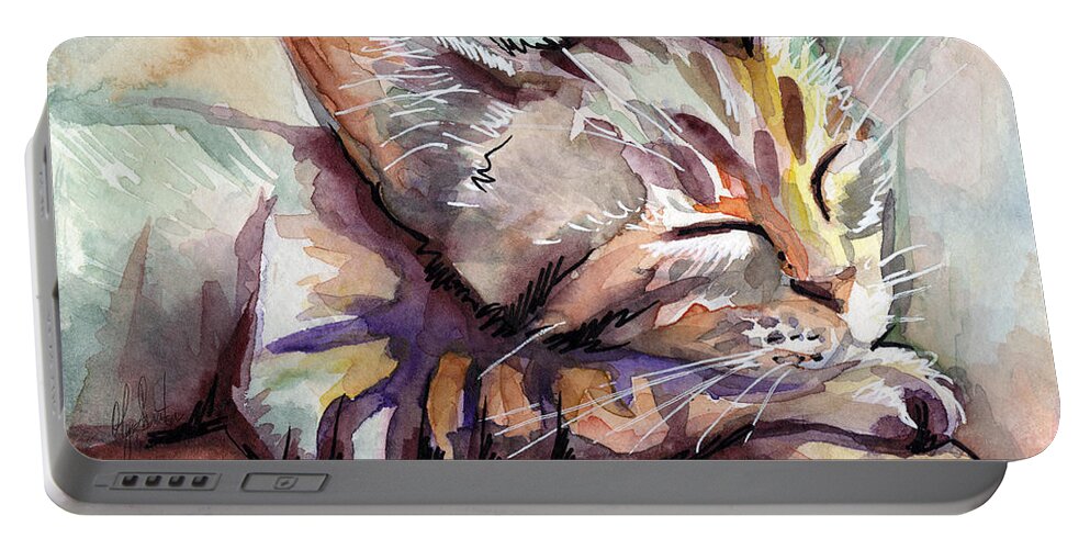Sleeping Cat Portable Battery Charger featuring the painting Sleeping Kitten by Olga Shvartsur