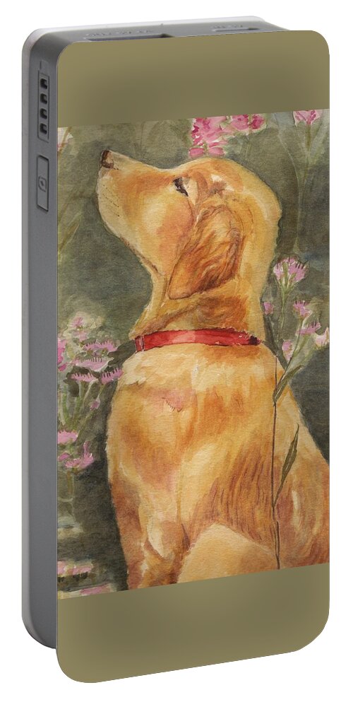 Labrador Portable Battery Charger featuring the painting Smell the Roses - Golden Retriever by Debra Hall