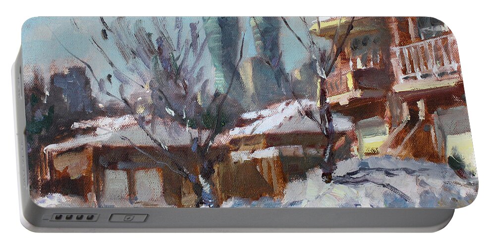 Snow Portable Battery Charger featuring the painting Snow and Sun by Ylli Haruni