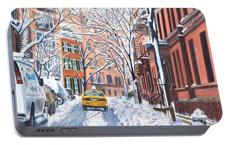 Snow Portable Battery Charger featuring the painting Snow West Village New York City by Anthony Butera