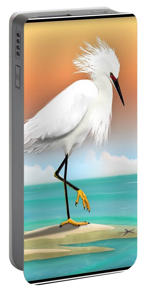 White Egret Portable Battery Charger featuring the digital art Snowy Egret White Heron On Beach by John Wills