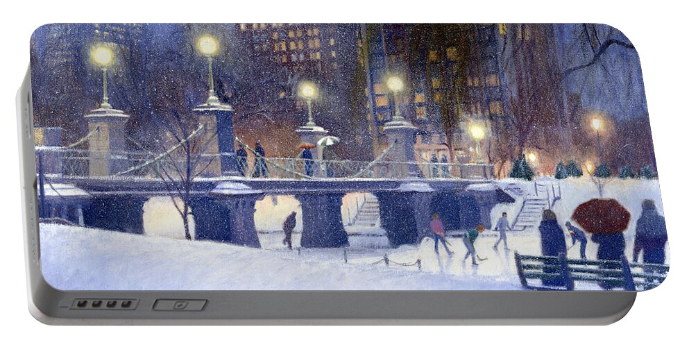 Boston Public Garden Portable Battery Charger featuring the painting Snowy Garden by Candace Lovely