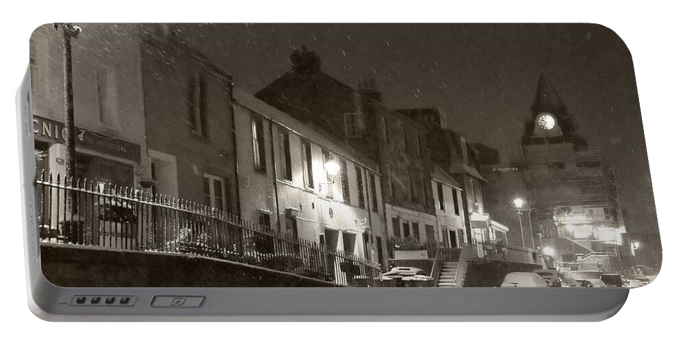 Snowing Portable Battery Charger featuring the photograph Snowy Night in Black and White by Elena Perelman