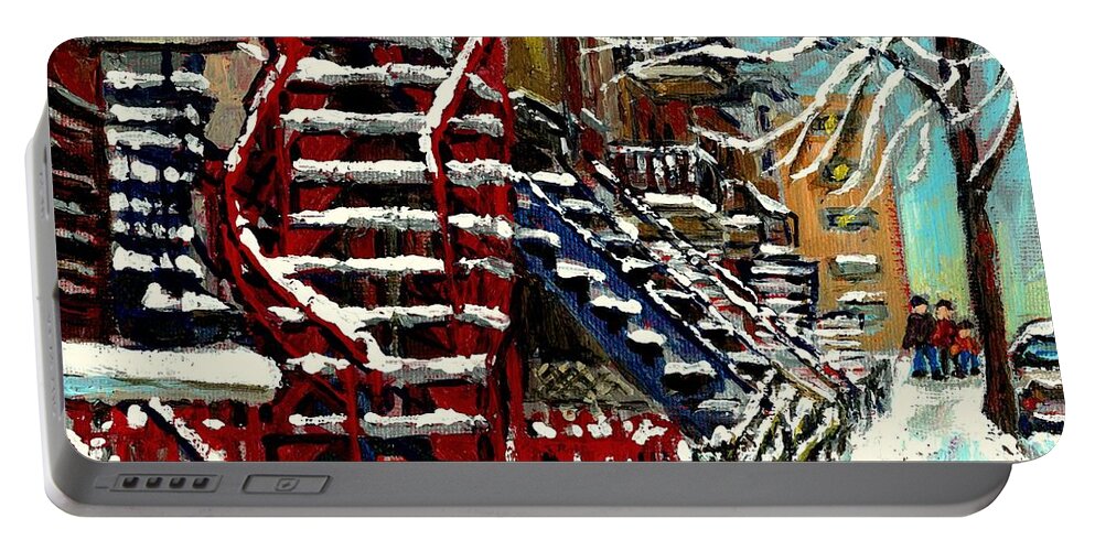 Montreal Portable Battery Charger featuring the painting Snowy Steps The Red Staircase In Winter In Verdun Montreal Paintings City Scene Art Carole Spandau by Carole Spandau