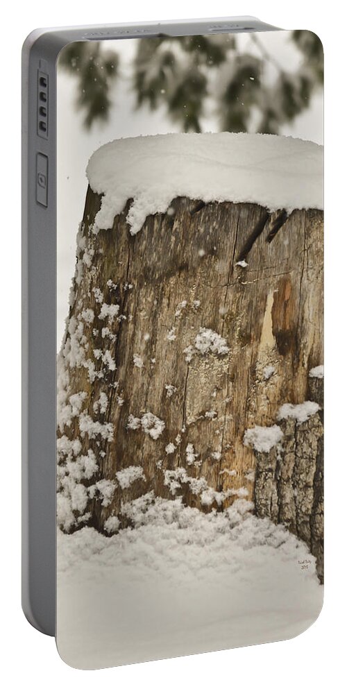 Snow Portable Battery Charger featuring the mixed media Snowy Stumptown by Trish Tritz