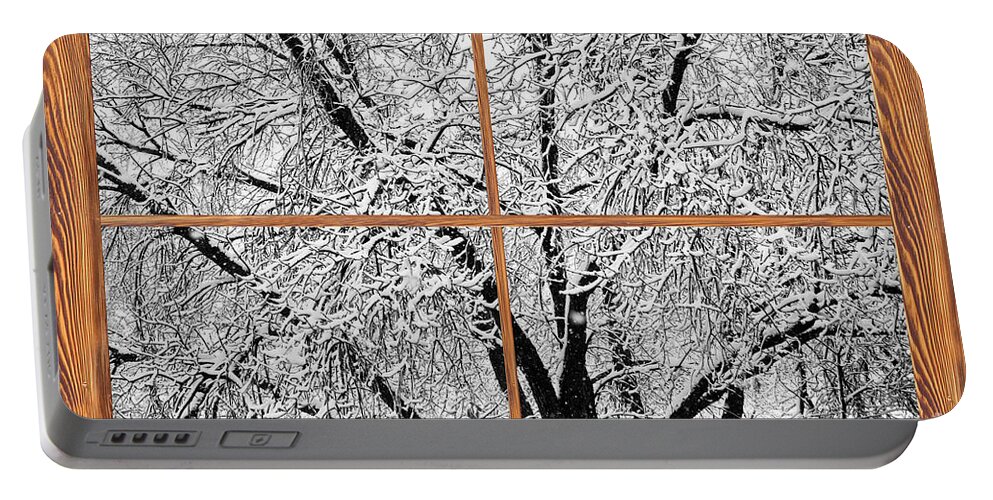 Windows Portable Battery Charger featuring the photograph Snowy Tree Branches Barn Wood Picture Window Frame View by James BO Insogna