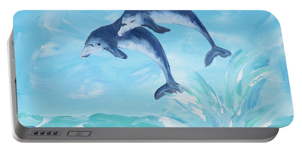 Soaring Portable Battery Charger featuring the digital art Soaring Dolphins I by Julie Derice